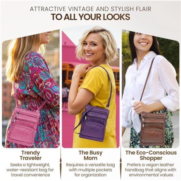 Leather Crossbody Purse for Women Multi Pocket Adjustable Strap Travel Bag - Picture 7 of 8